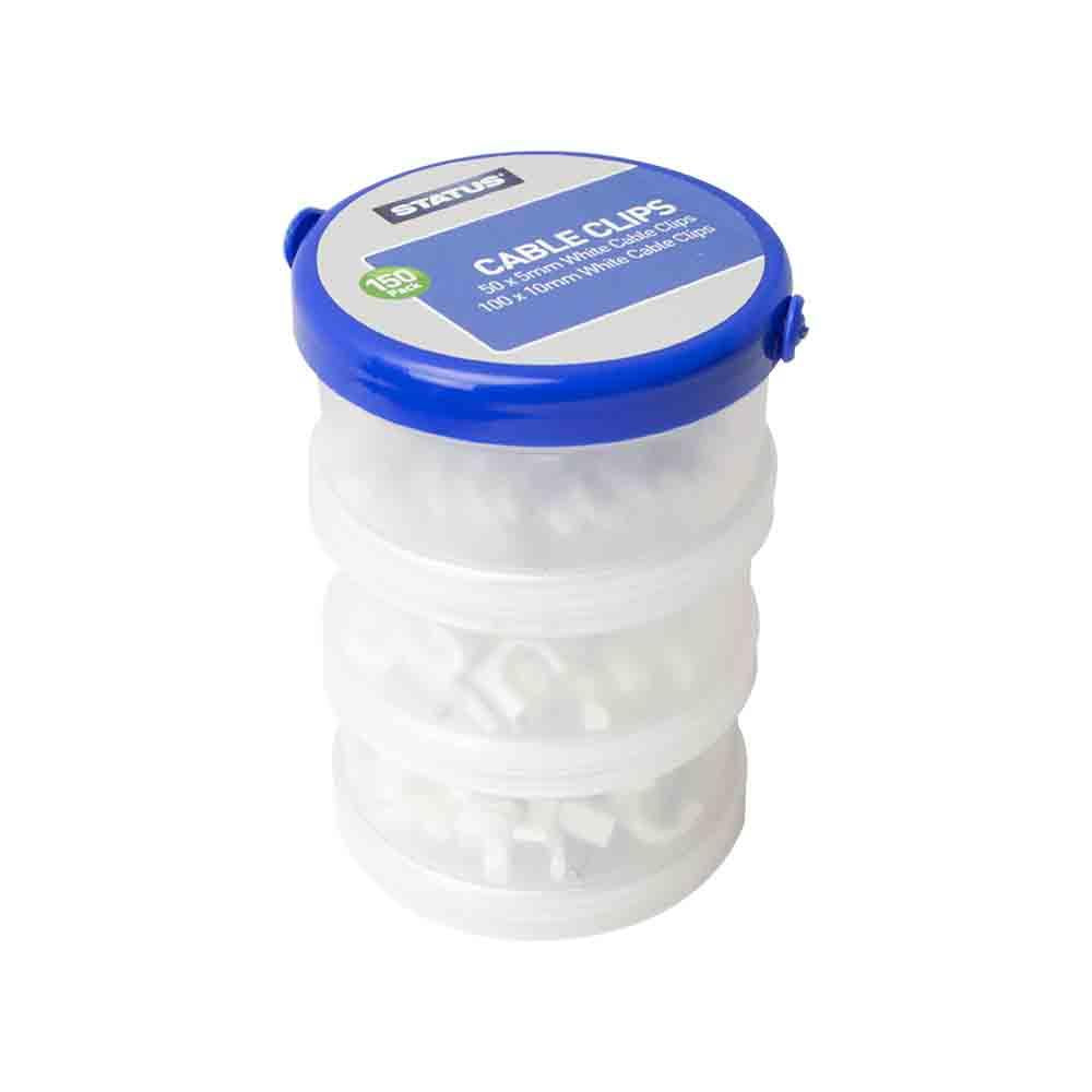 White  Status Mixed Sizes Round Cable Clips (100 x 10mm & 50 x 5mm) - 150 pk - in Plastic Tub White  Status Mixed Sizes Round Cable Clips (100 x 10mm & 50 x 5mm) - 150 pk - in Plastic Tub